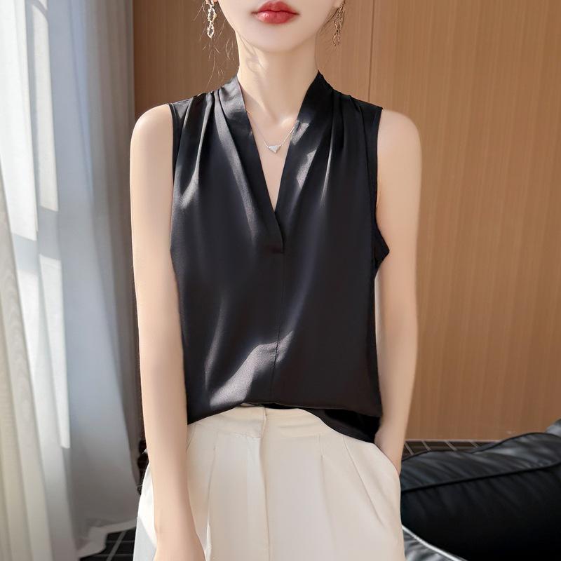 Silk satin vest suspender women's spring and summer new short loose V-neck solid color pullover sleeveless T-shirt top