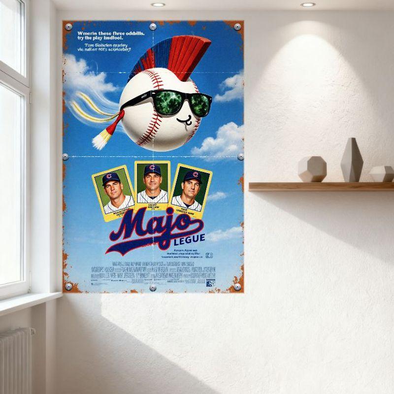 Mojo League (Major League Parody) Vintage Metal Tin Sign, Anthropomorphic Baseball Character with Red Mohawk, Yellow Cards Men U
