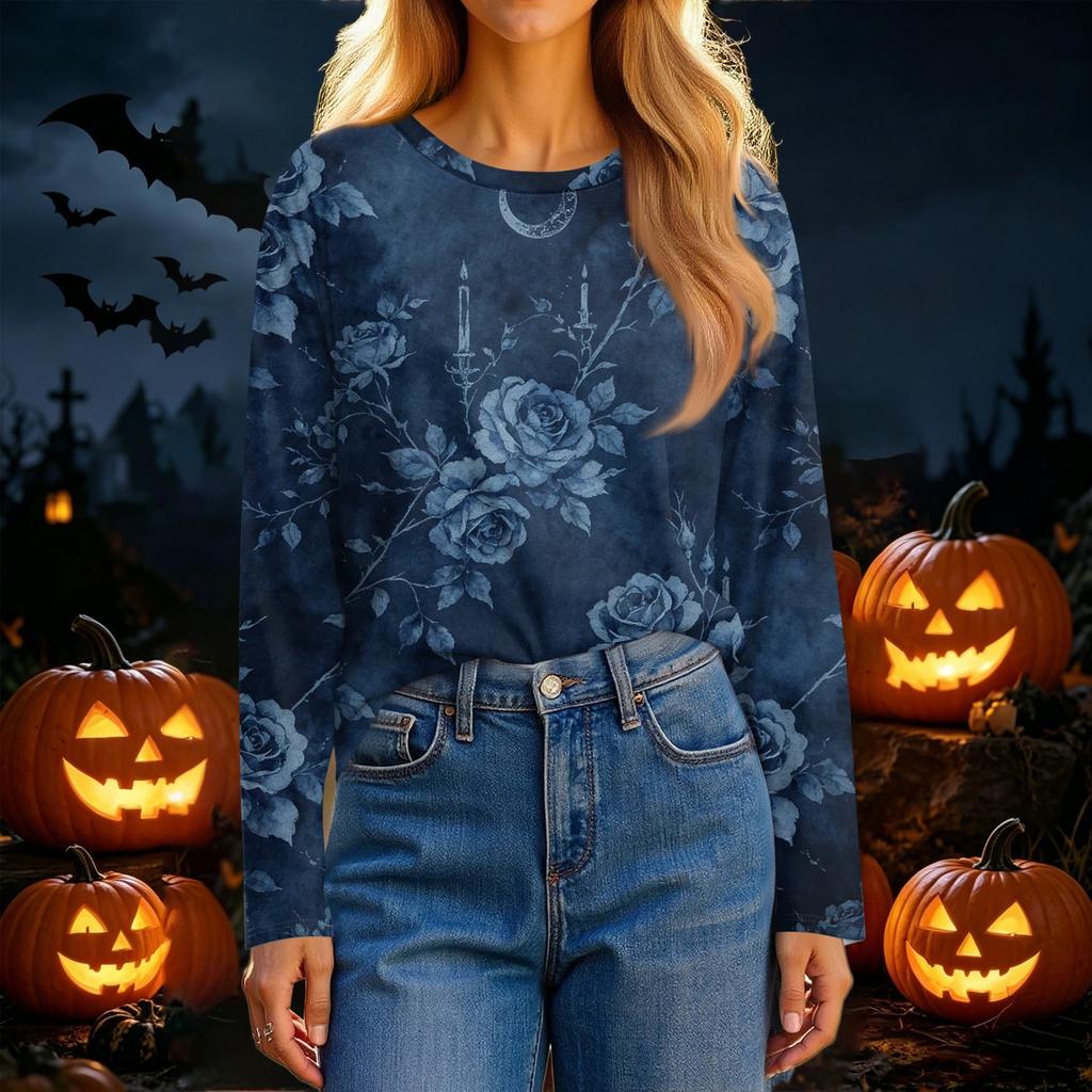 Women's Fashion Casual Long Sleeve Halloween Print Crewneck Top