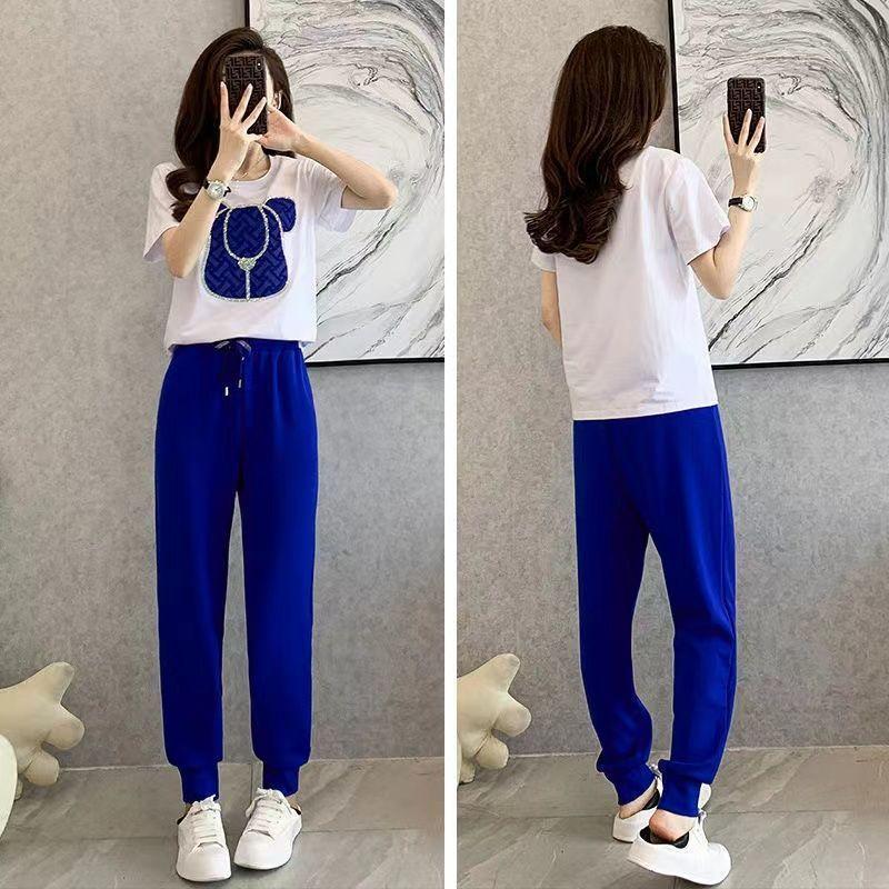 Fashionable Sports Suit for Women in Summer, Age-reducing, Versatile Short-sleeved Casual Trousers Two-piece Set