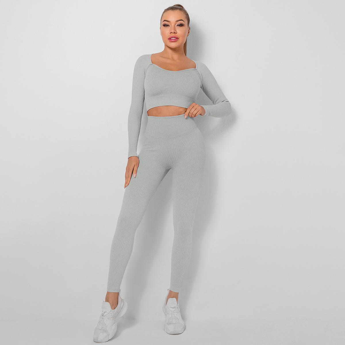

Женский бесшовный костюм для йоги, впитывающий пот персикового цвета, с высокой талией, обтягивающие спортивные брюки для фитнеса с длинными рукавами, комплект S светло-серый