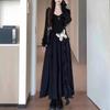 Hepburn temperament black long-sleeved dress children's early autumn new small irregular waist dress