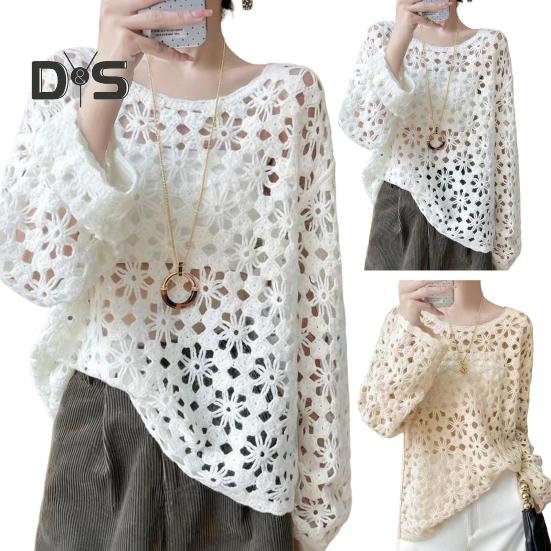 Women Pullover Cover Up Round Neck Long Sleeve Hollow Knitting Tops Solid Color Crochet Sunscreen Tops