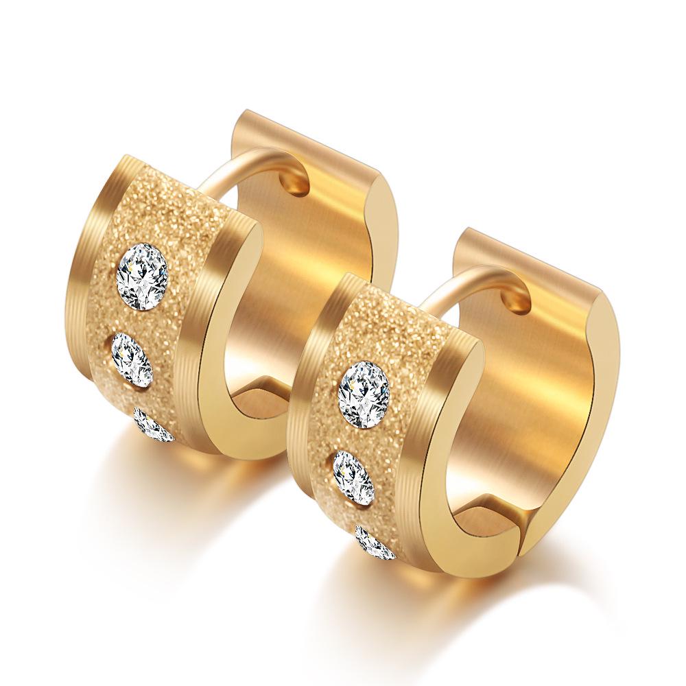European-American 18K Gold Titanium Steel Frosted Diamond Inlaid Hollow Round Earrings - 7MM Student Ear Cuffs