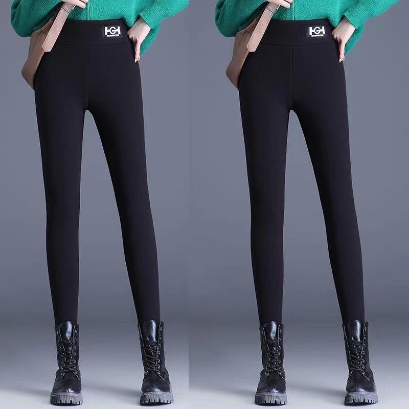 Women's Plus Size Thick Velvet Lambswool Leggings - Warm, Tight Fit In Black or Gray for Autumn and Winter.