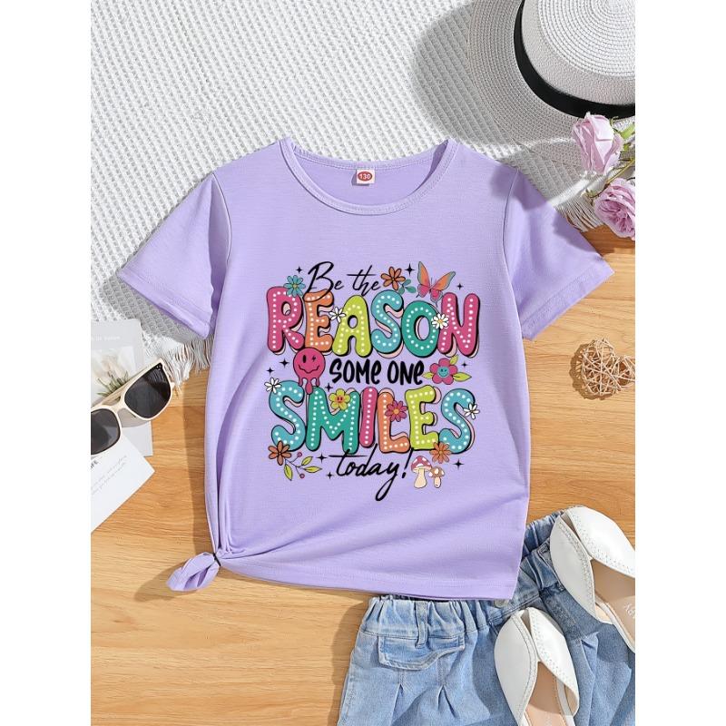 Cute And Easy Cartoon Letter Print Short-Sleeve T-Shirt for Girls, Perfect for Summer Wear, Knit