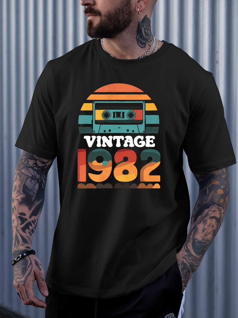 Vintage Cassette Tape 1982 Retro Sunset Graphic Unisexs T Shirt 80s Music Lover Short Sleeve Crew Neck Cotton Birthday Casual Tee