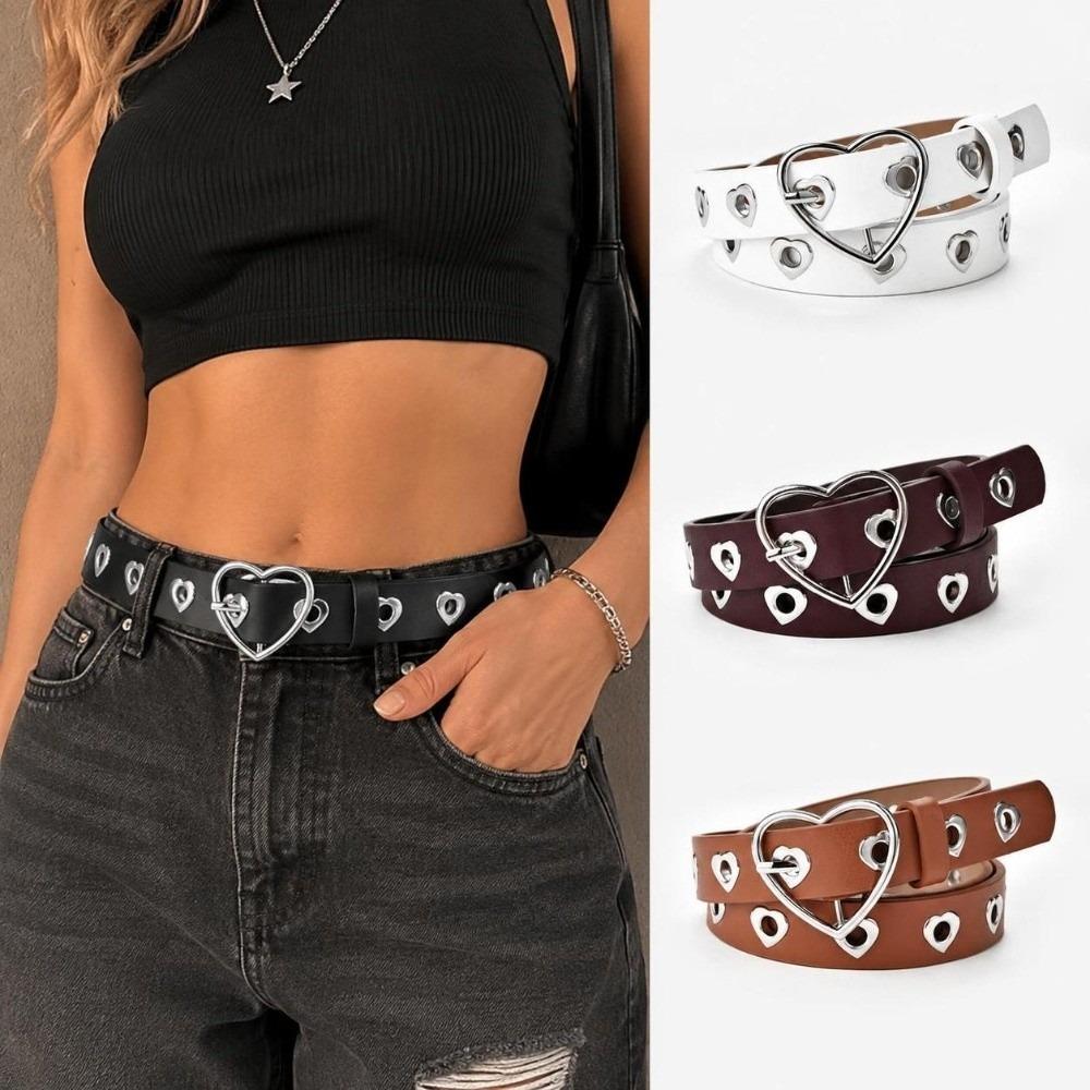 Versatile Faux Leather Belt Hollow Heart Eyelet Fashion Waist Belt Heart Buckle Belt  For Women