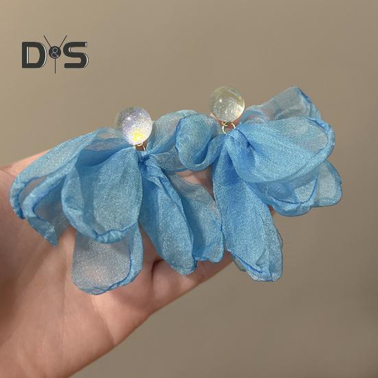 Women Mesh Petal Drop Earrings Handmade Large Chiffon Floral Dangle Earrings Vintage Stud Earrings for Vacation Wedding