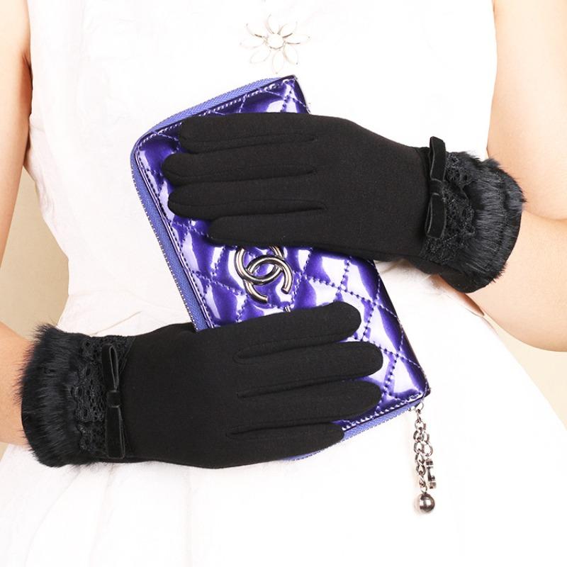 Thermal gloves women's non-pour fleece touch screen gloves fleece thermal rabbit burr lace cute autumn and winter gloves