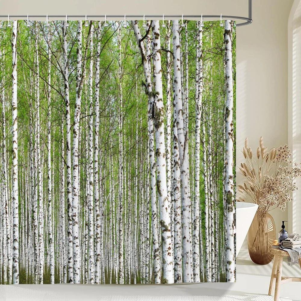 Hochwertiger Birkenwaldstoff Duschvorhang Wasserdicht Naturlandschaft Gedruckte Badevorhänge für Badezimmerdekor mit Haken