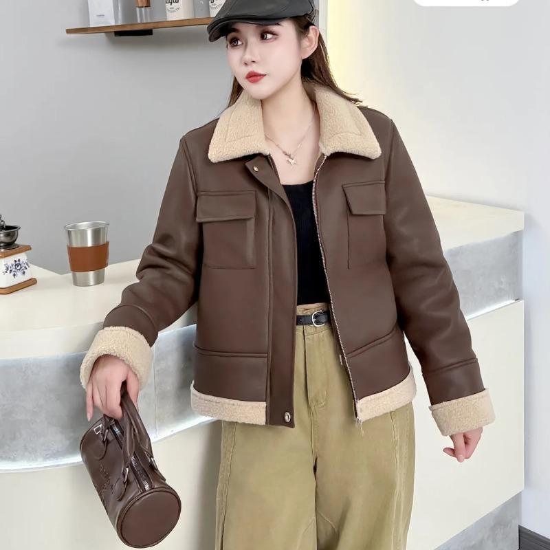 Zipper Cardigan Autumn and Winter Plus Velvet PU Fur One-piece Jacket for Women Loose Warm Casual Short Jacket Top