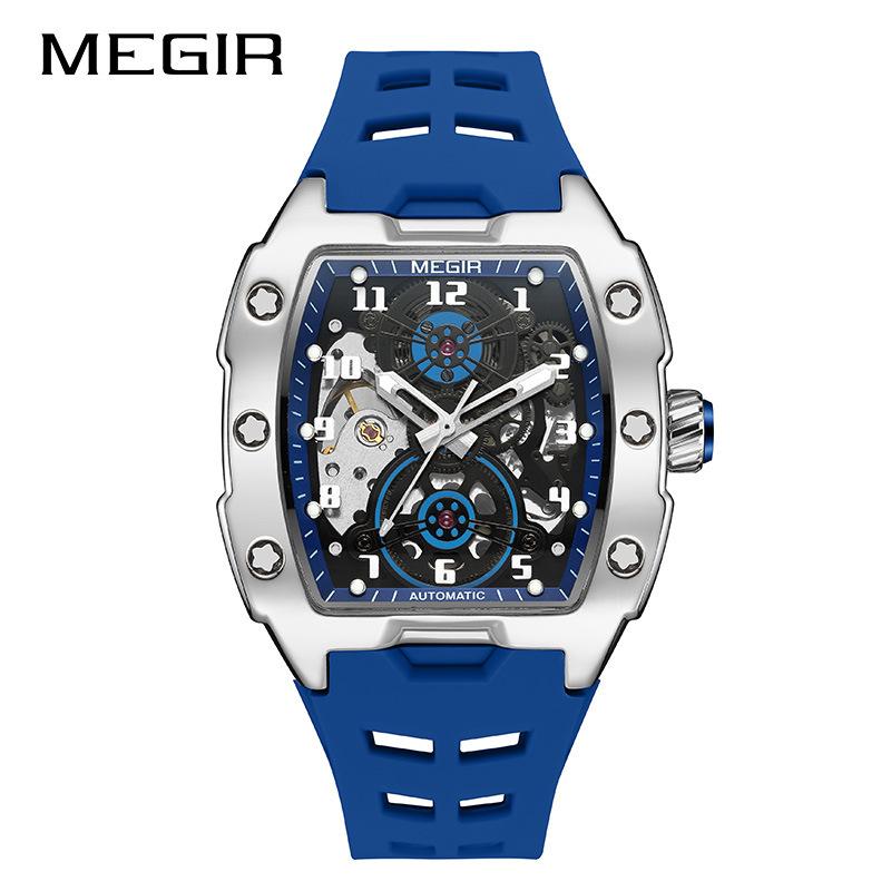 

MEGIR Blue Mechanical Watch for Men Tonneau Hollow Dial Sport Waterproof Automatic Wristwatch with Luminous Hands синій