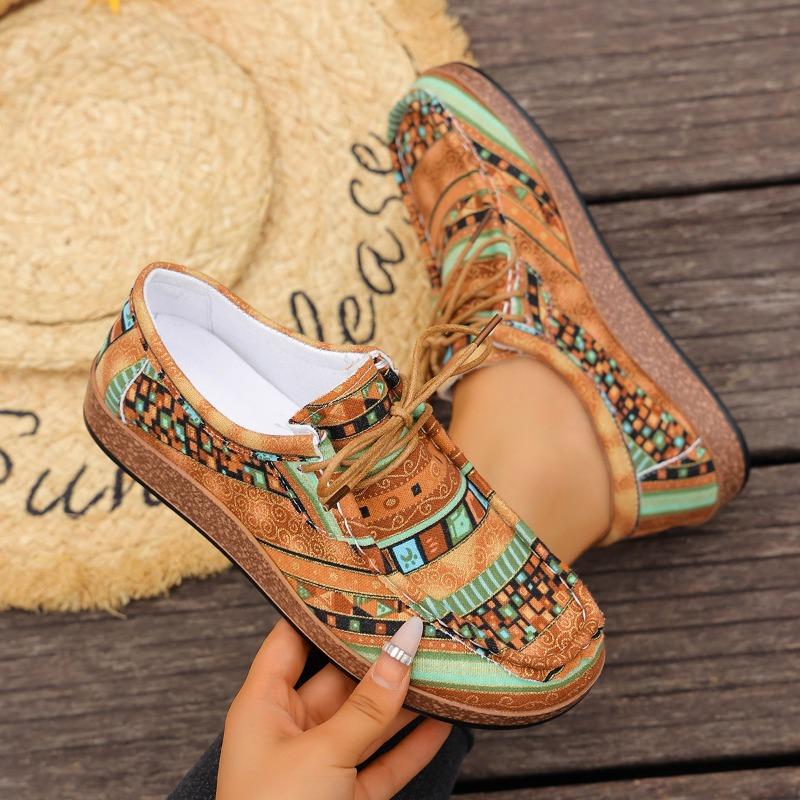 Printed Ethnic Style Lace-up Casual Shoes 2025 Autumn New Plus-size Flat Low-top Shoes for Women