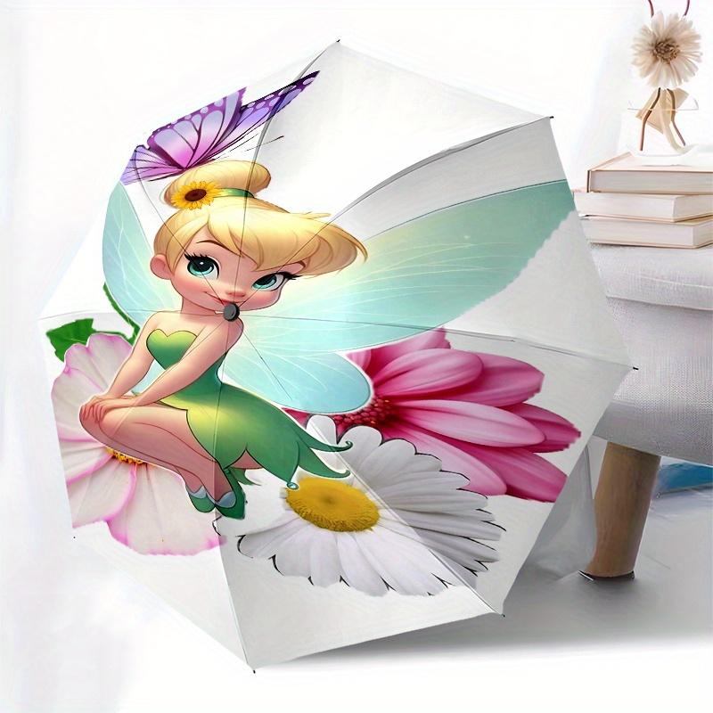 Disney Tinker Bell, Flowers Automatic Open/Close Umbrella - Cute Umbrella with Cute Design, Portable 3-Fold Compact Umbrella for Men & Women