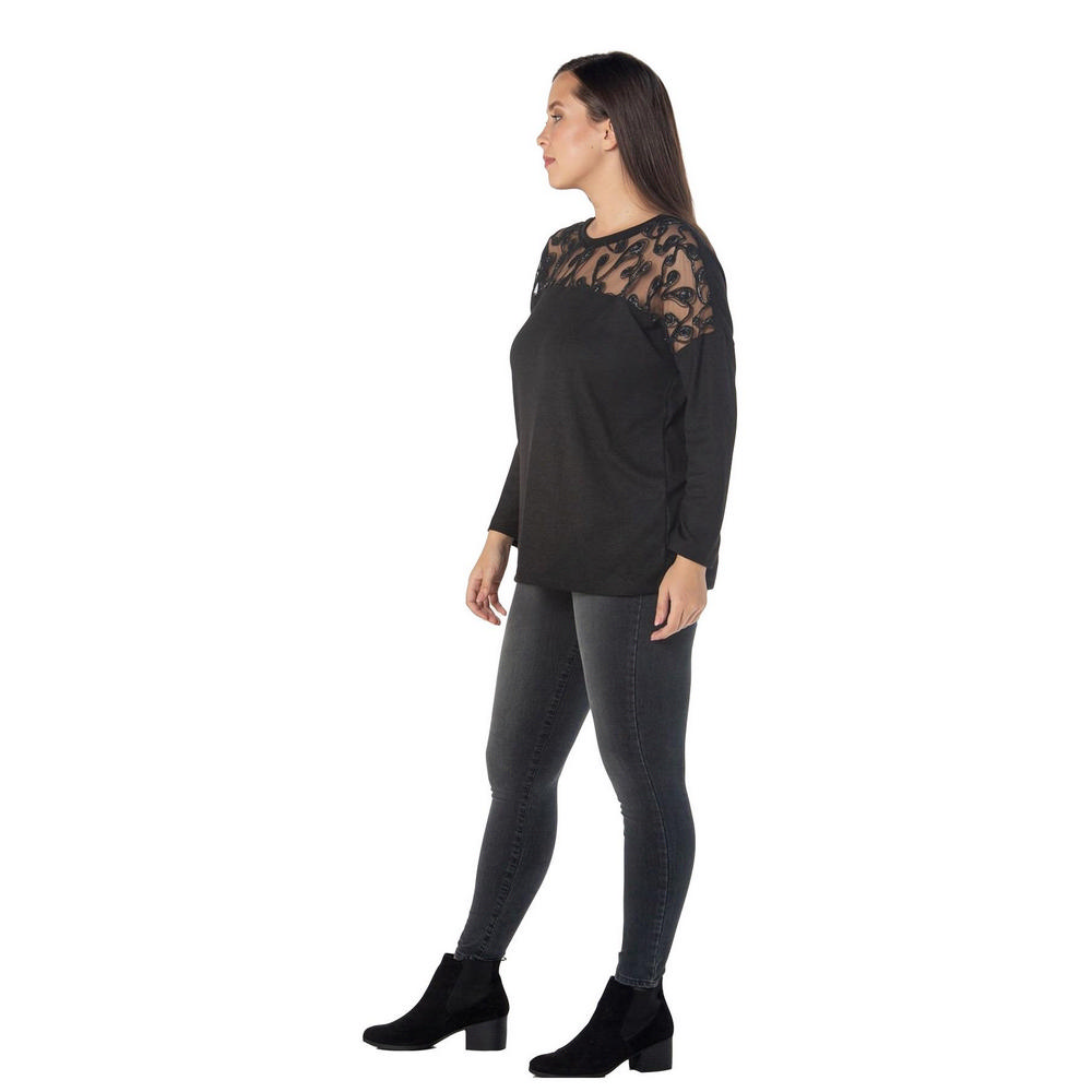 Fierte Damen Übergröße Bluse Rg6857 Rundhalsausschnitt Spitzendetail Langarm Strick Schwarz