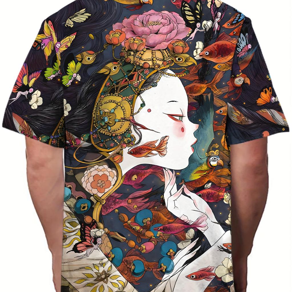Japanese Style Female Pattern 3D Printed Crew Neck Short Sleeve T-shirt For Men, Casual Summer T-Shirt For Daily Wear And Vacation Resorts