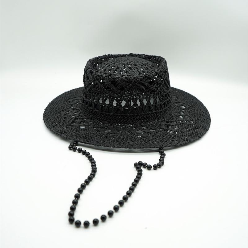 Японская Черная Полая Плетеная Плоская Шляпа-Цилиндр Женская Летняя Шляпа от Солнца Отпуск Жемчужная Цепочка Соломенная Шляпа Элегантная Ретро Французская M（56-58cm）