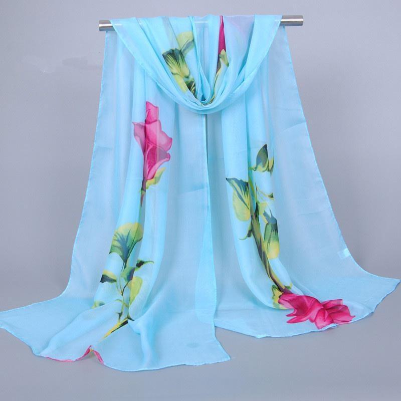 1Pc New Fashion Chiffon Silk Hijab Women's Long Soft Rose Flower Print Scarves Foulard Women Shawls