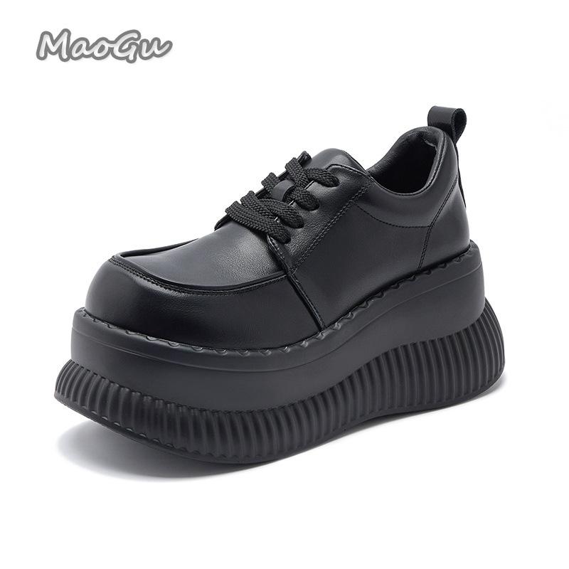 Fashion Thick-Soled Women's Shoes 2025 New Lace Up Lolita Shoes Black Beige Chunky Platform Leather Pumps Size34 39 Street Style Flats