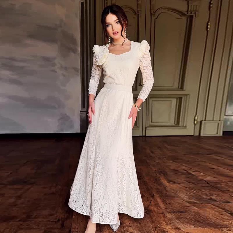 2024 Autumn European & American Women's Elegant Lace Splicing Long Dress