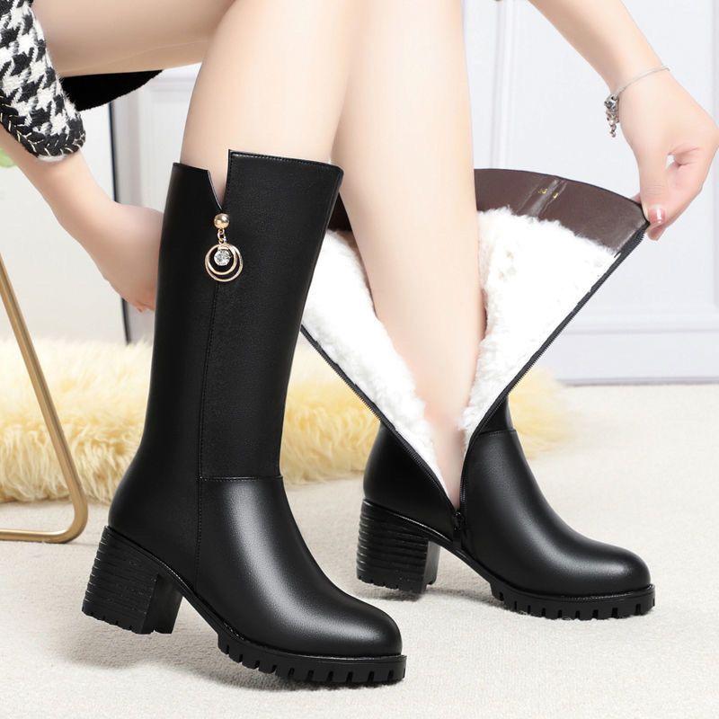 Fashion Autumn Winter Black Leather Fleece-Lined Half High Boots for Women Elegant Heeled Mid Calf Shoes Woman Goth Chic Footwear Sale