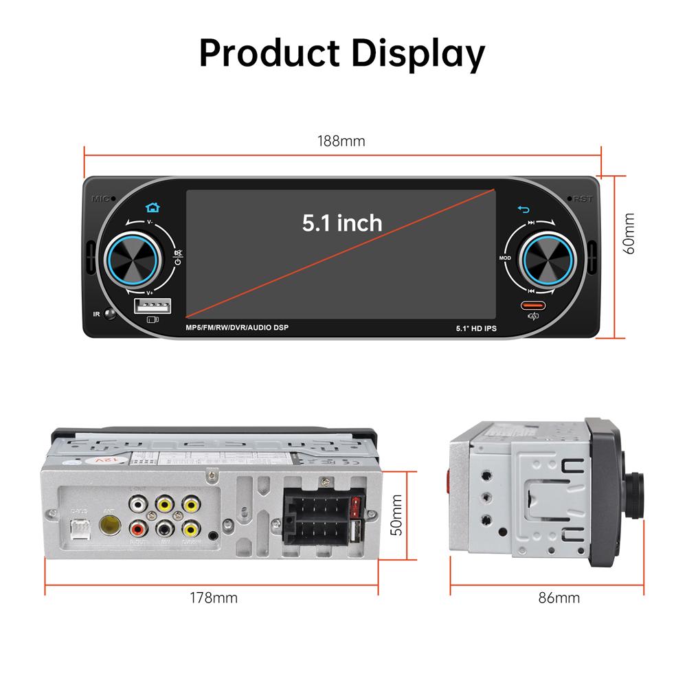 General 1 Din Car Radio MP5 IPS HD Player Support Wireless Carplay Android Auto Bluetooth FM AM RDS Stereo USB WIFI Video Player 5.1In Digital Display