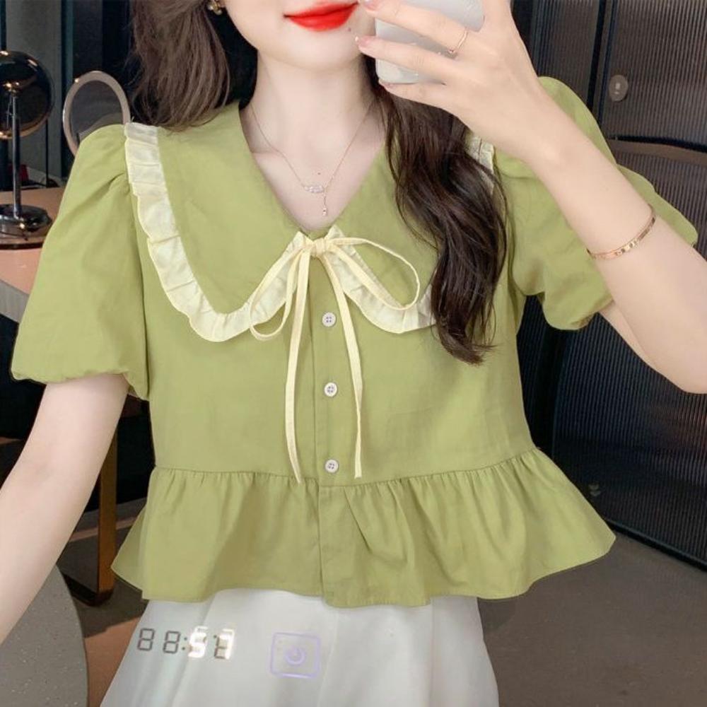 

Doll Neck Short Sleeve Shirt Women s Top Short Ruffle Slim Design Chiffon XXXL зелений