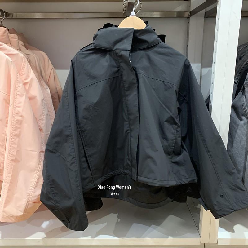 

2025 Весеннее ветрозащитное короткое пальто с капюшоном и воротником-стойкой - Простая, универсальная однотонная куртка Extra Large чёрный