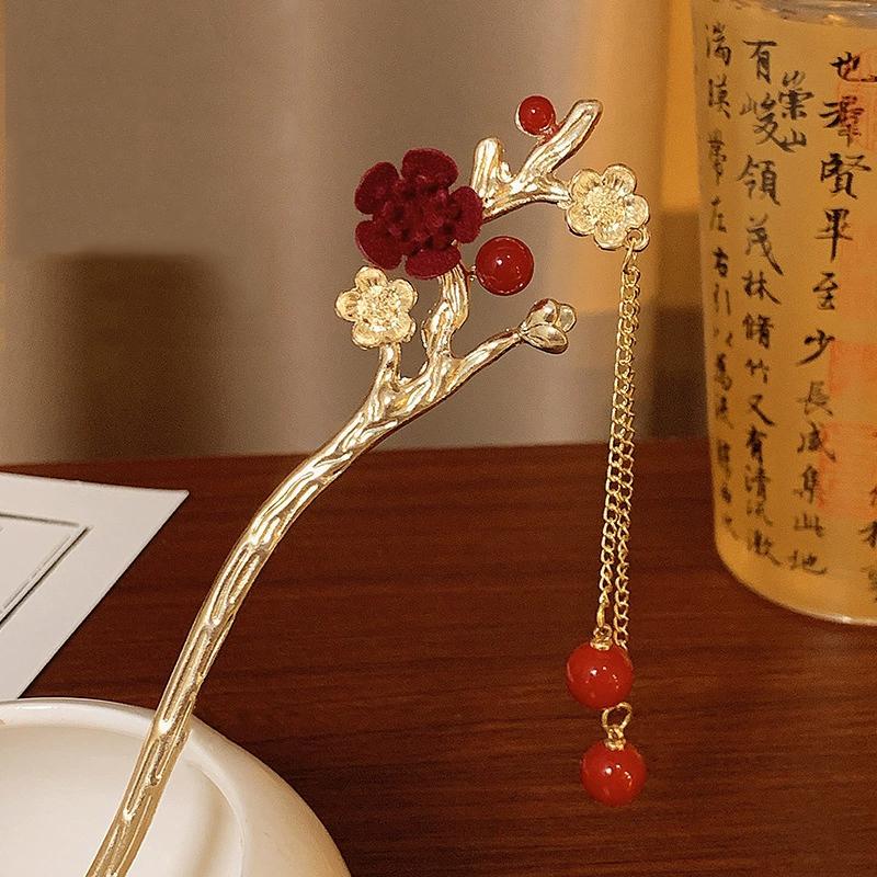 Retro Red Hair Stick Chinese Style Hanfu Tassel Women Flowers Chopsticks Alloy Hairpin Woman Jewelry Hair Clip Accessories