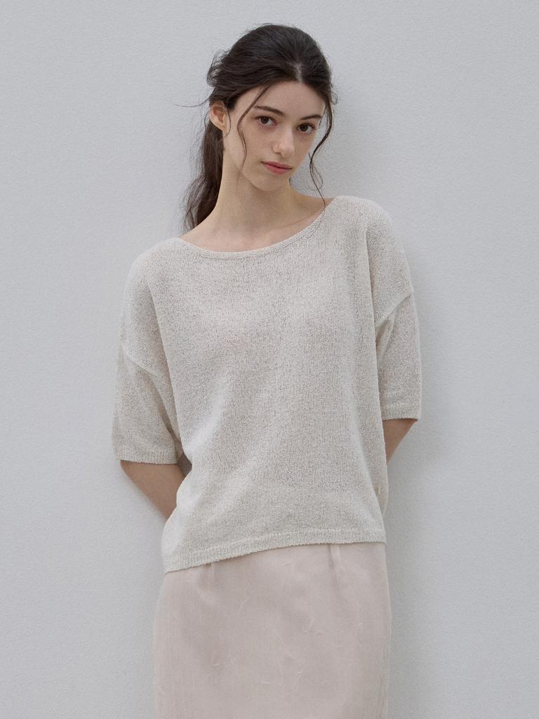 LE STUDIO Cooling Boat Neck Short Sleeve Knit Oatmeal