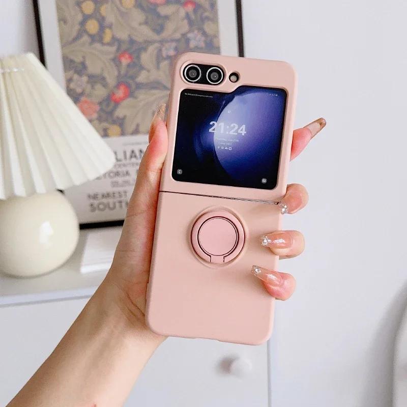 Simple Solid Color Rotating Ring Bracket Phone Case For Samsung Galaxy Z Flip 7 6 5 4 3 Soft Silicone Shockproof Protector Cover