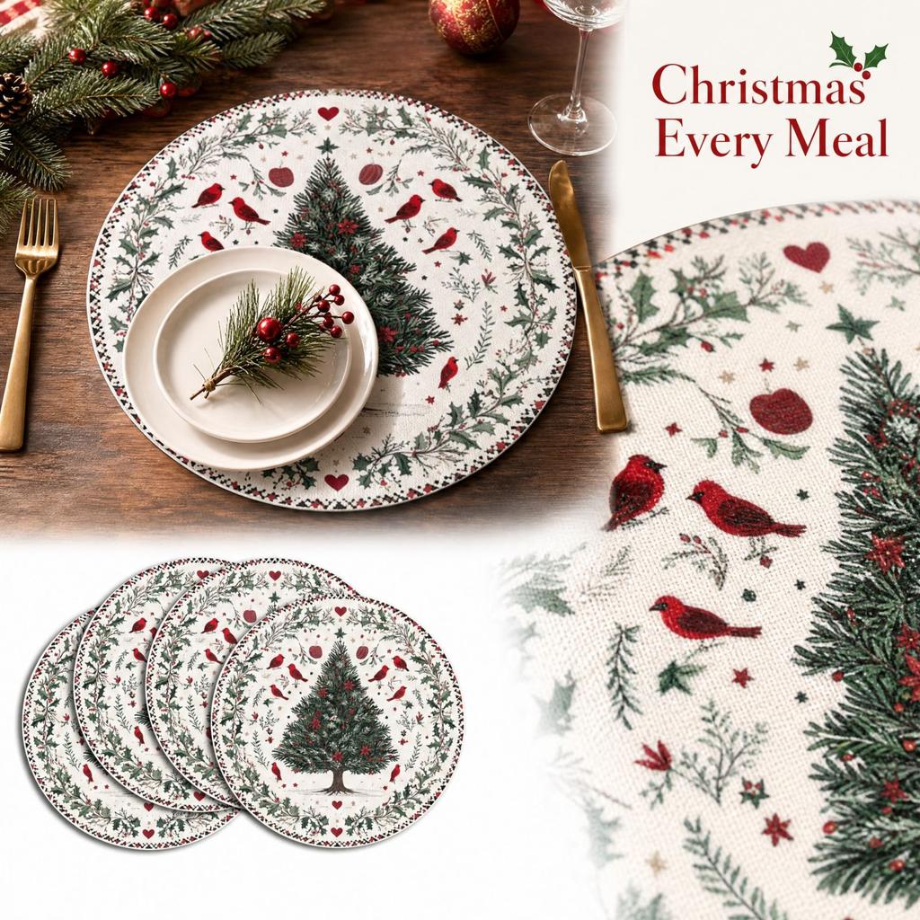 Christmas Round Placemats, Set of 4 Heat Printed Holiday Table Mats for Dining