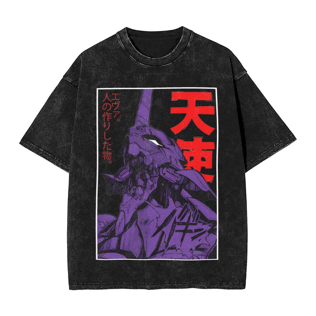 T-shirt Lavata Vintage Unità-01 EVA, Grafica Mecha Anime Neon Genesis Evangelion Streetwear, Maglietta Larga in Cotone per Uomo Donna