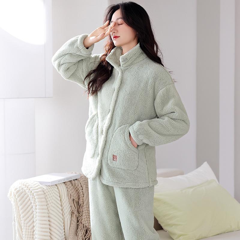 Pajamas Winter Women'S Coral Fleece Winter Flannel Autumn And Winter Loungewear Set