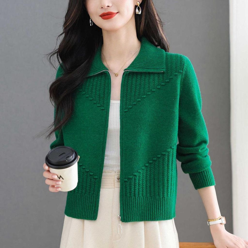 Damen Schlankmachende Mode Revers Reißverschluss Strickjacke Jacke, Kurzer Langarm Pullover Mantel für Herbst/Winter 2025