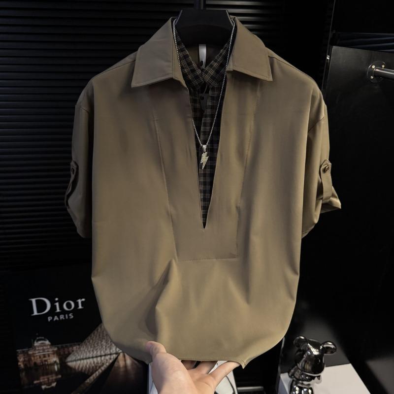 

Men s Contrast Plaid Fake Layer Roll Tab Sleeve Polo Collar Shirt Casual Streetwear Top S хаки