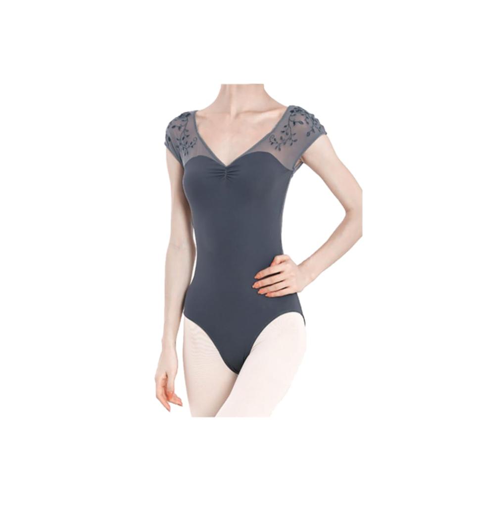 ProDance Variation Ballet Leotard with PLT006LD Gray with Size Embroidery, Adult, (Light V-Shape, M)