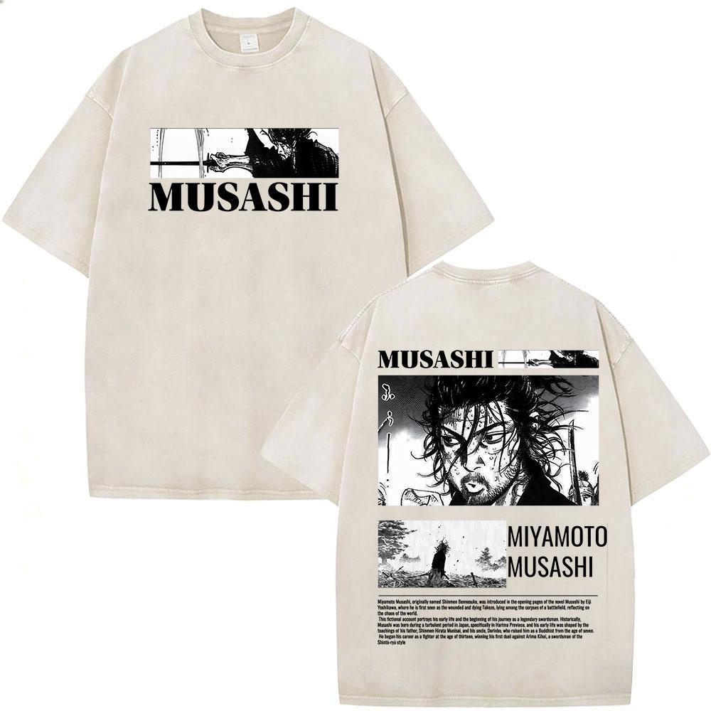 Japanese Anime Vagabond Miyamoto Musashi Samurai Vintage Washed Tshirts Men Women Clothing Fashion Gothic Short Sleeve T Shirts S
