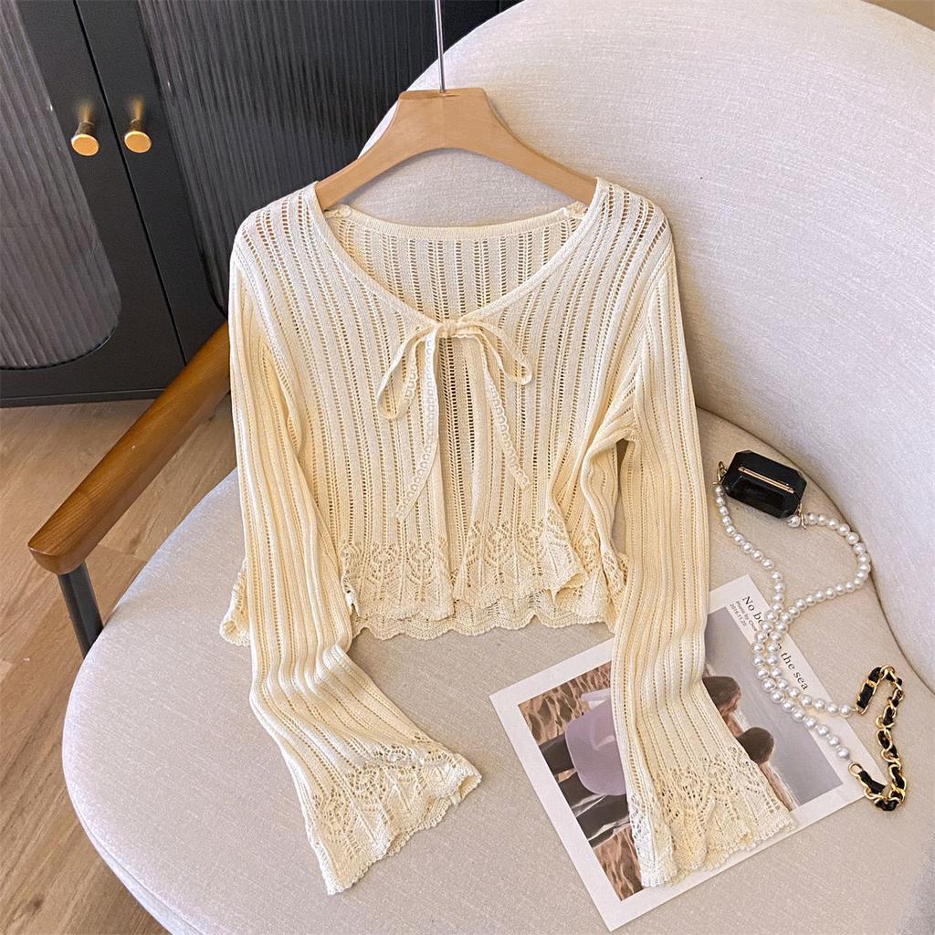 Dámský lehký letní svetr s dutým úpletem, krátký kardigan, jemný top