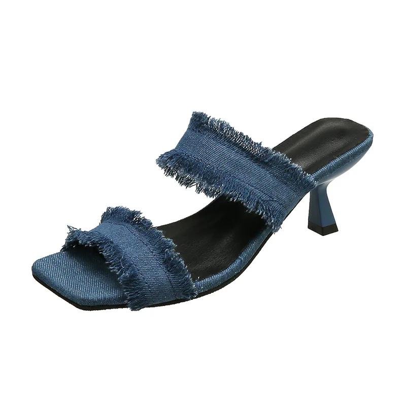 Women Denim Women's Mules Slipper Sandals 2024 Retro Slip on Stiletto Pumps Summer High Heels Peep Toe Shoes Pantuflas De Mujer