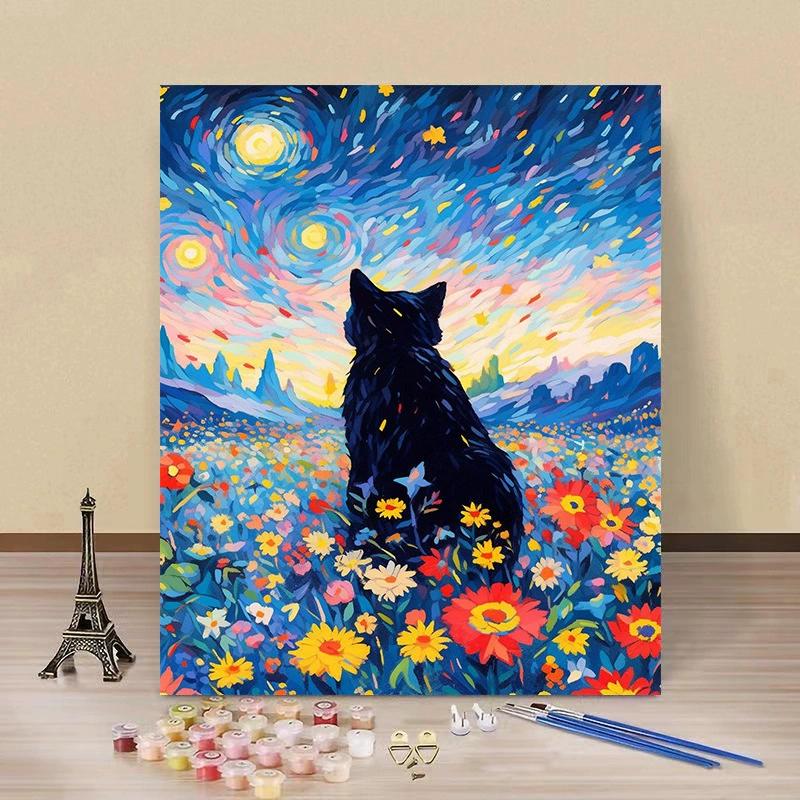 Starry Sky Cat DIY Digital Oil Painting Handmade Coloring Decoration Painting Kit Flower Cat Hand Drawn Landscape Oil Painting