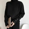 Retro High Neck Button Sweater: Women's Autumn/Winter Solid Color Knit with Slit