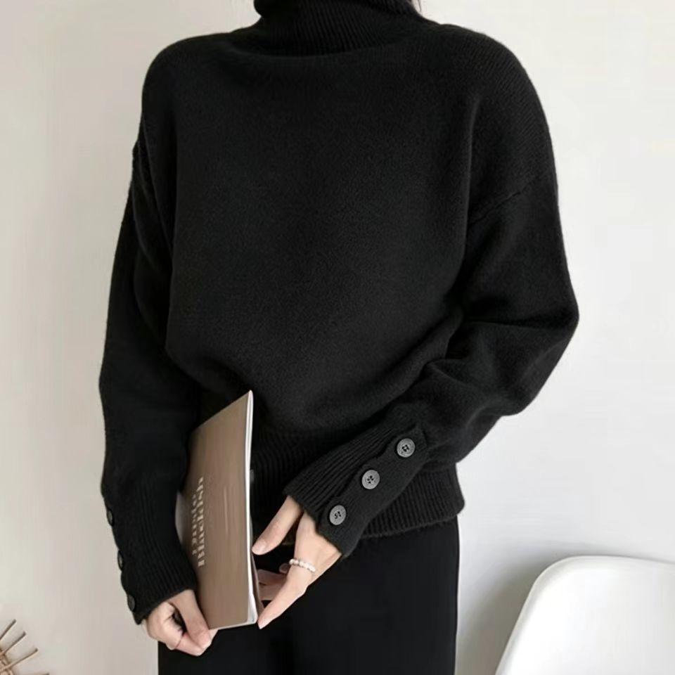 Retro High Neck Button Sweater: Women's Autumn/Winter Solid Color Knit with Slit