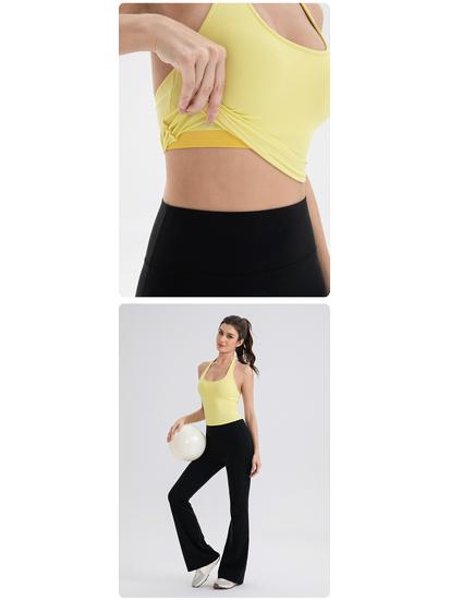 Damski Top Sportowy do Jogi z Dekoltem na Szyi i Wkładkami - Nude, Seksowny Tył Styl 52167