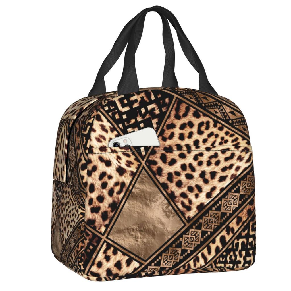 Benutzerdefinierte Leopardenmuster Tragbare Lunchboxen Damen Auslaufsicher Tierfellmuster Kühlbox Thermische Lebensmittelisolierte Lunchtasche Schüler