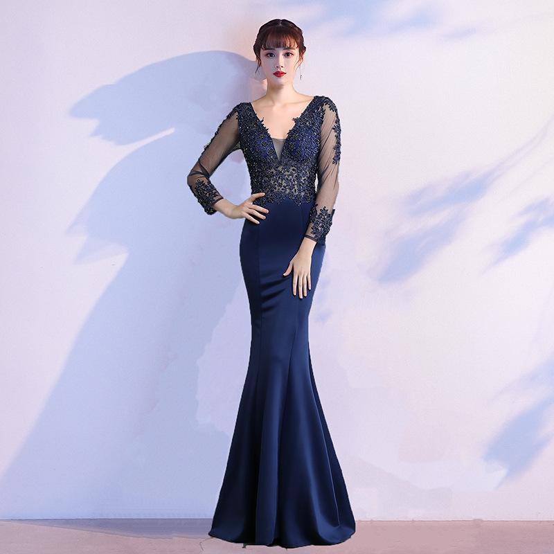 Annual Meeting Dress Fishtail Skirt 1011 New Summer Haute Couture Temperament Long Sleeve Host Catwalk Dress Banquet Evening Dress