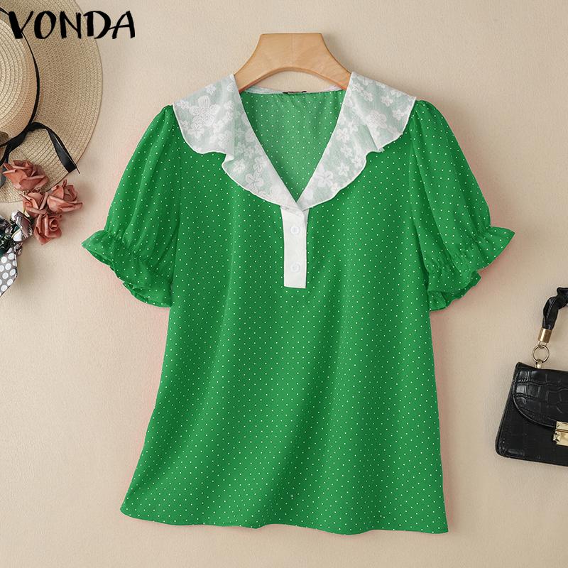 VONDA Summer Women Lace Neck Short Puff Sleeve Ruffled Polka Dots Casual Tops Blouse