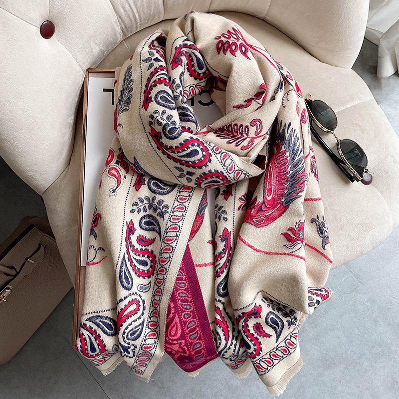 Liu Yifei-Inspired Retro Bluebird Cashmere Scarf - Thick, Warm, Ethnic Style Women's Winter Neck Warmer