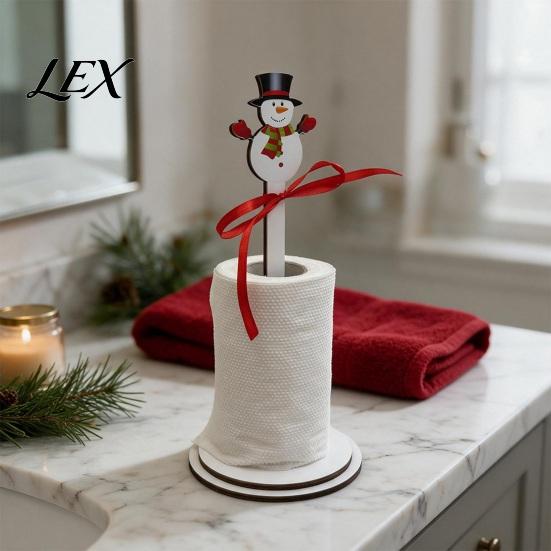 Wooden Paper Towel Dispenser Christmas Holder, 2D Roll with Snowman Kitchen Holiday Ornament Santa Patterns, Decorative Tissue Stand for Dining Table